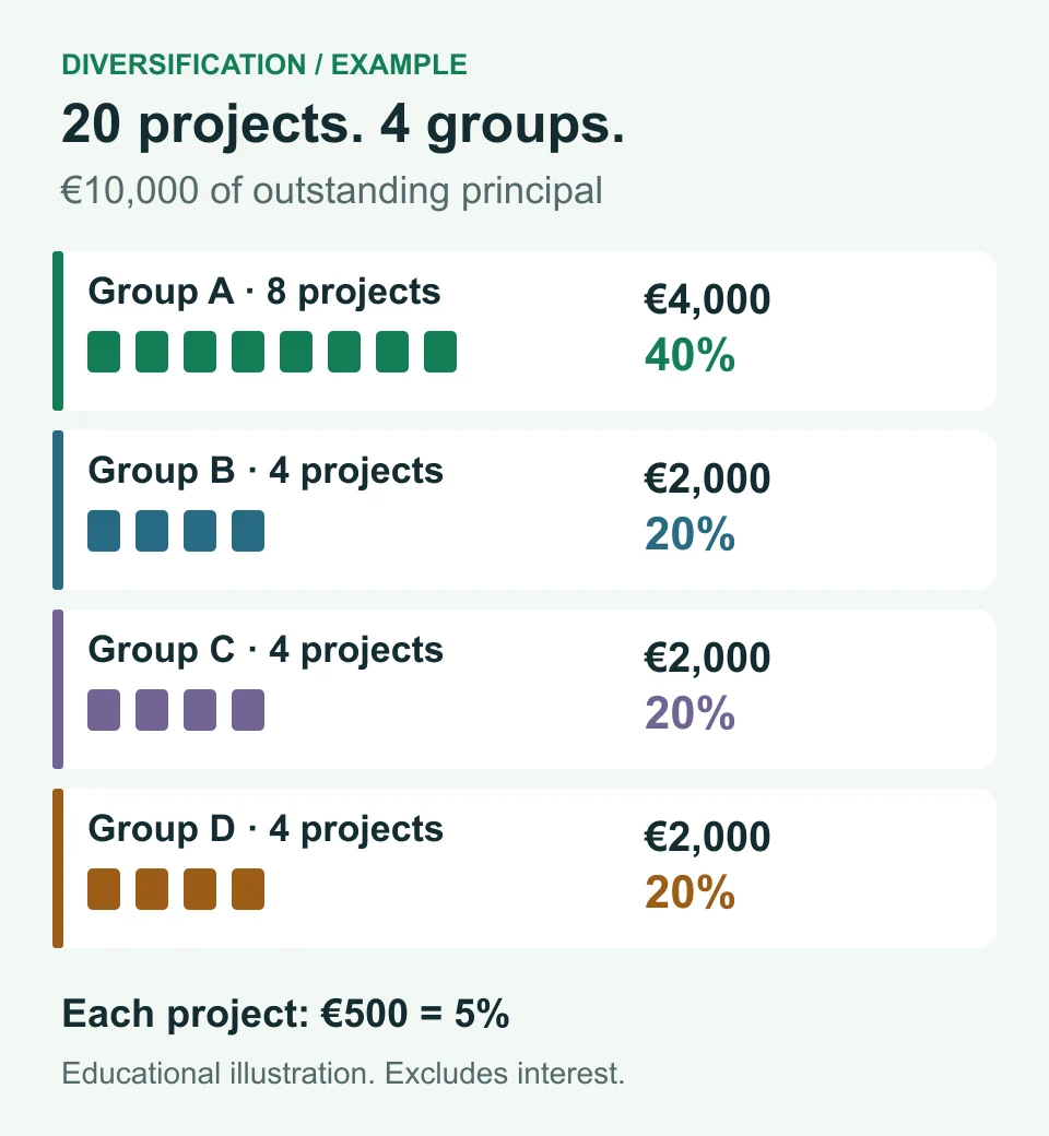 Hypothetical example: twenty projects of 500 euros, with eight in group A accounting for 40% of principal and four in each of groups B, C and D accounting for 20% each.